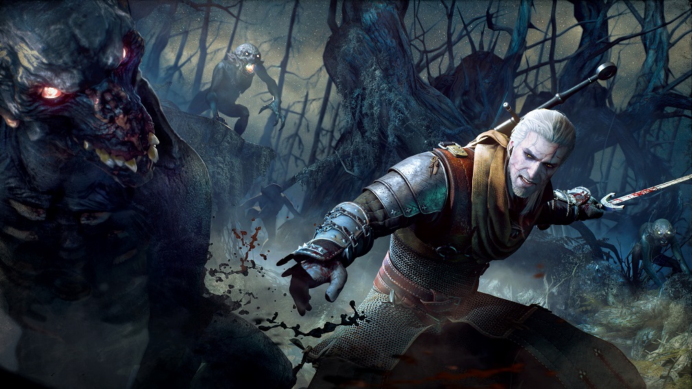 The Witcher Geralt kämpft in einer dunklen Waldlandschaft gegen Monster