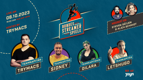 Poster welches die Teamkapitäne der Bundesstreamerspiele zeigt. Die Kapitäne sind: Trymacs, Sydney, Dilara und LetsHugo